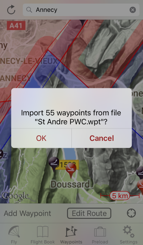 Waypoint Import screen